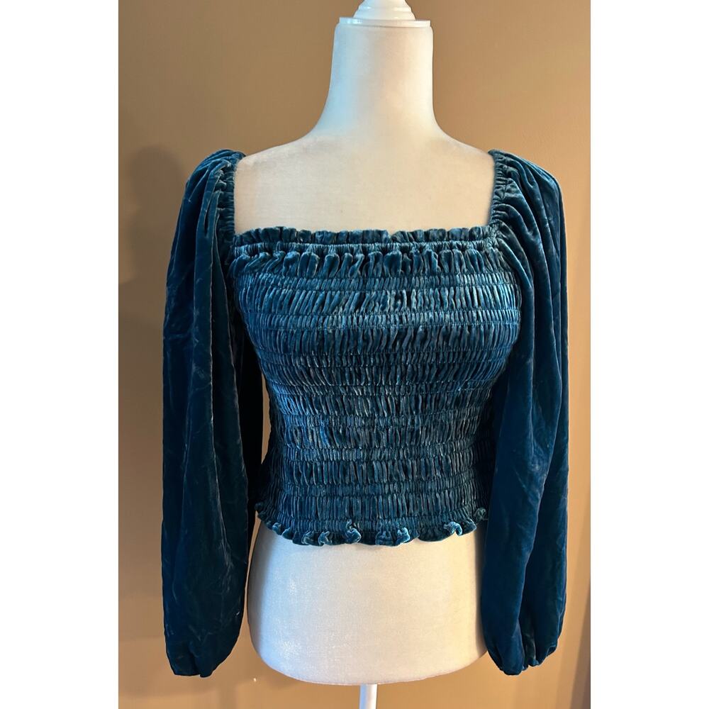 Anthropologie Puff-Sleeved Smocked Velvet Blouse, Size S